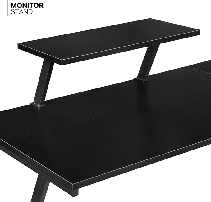 MoNiBloom L Shaped Gaming Desk Computer Corner Table with Metal Frame, L Desk Workstation for Home Office, Space-Saving, Black - LeafyLoom