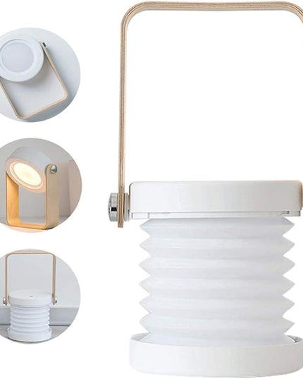 4-in-1 Foldable Table Lamp,USB Retractable LED Light,Wooden Handle Portable Lantern Light and Flashlight,Touch Control Dimmable 3 Level Brightness Night Light for Reading, Outdoor Camping (White) - LeafyLoom