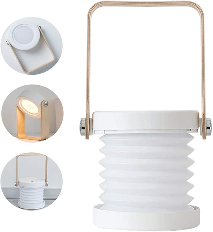 4-in-1 Foldable Table Lamp,USB Retractable LED Light,Wooden Handle Portable Lantern Light and Flashlight,Touch Control Dimmable 3 Level Brightness Night Light for Reading, Outdoor Camping (White) - LeafyLoom