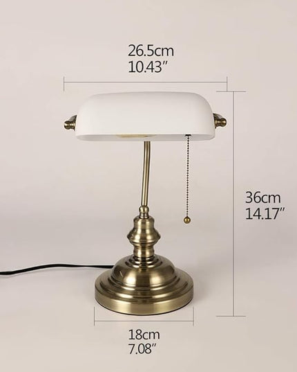 Newrays White Matted Glass Bankers Desk Lamp with Pull Chain Switch Plug in Fixture - LeafyLoom