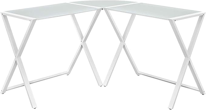 Walker Edison Wright Modern X Leg Glass Top Corner Computer Gaming L Shape Desk Home Office, 51 Inch, White - LeafyLoom