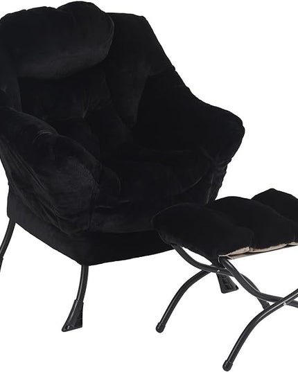 Lazy Chair with Ottoman, Modern Chair with Folding Footrest, Lounge Accent Chair, Comfortable Reading Chair for Bedroom, Study, Living Room, Small Space (Plush Black) - LeafyLoom