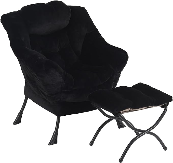 Lazy Chair with Ottoman, Modern Chair with Folding Footrest, Lounge Accent Chair, Comfortable Reading Chair for Bedroom, Study, Living Room, Small Space (Plush Black) - LeafyLoom