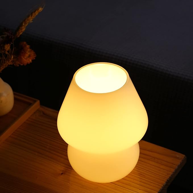 BSOD Mushroom lamp,Glass Mushroom Bedside Table Lamp Translucent Murano Vintage Style Striped Small Nightstand Desklamp Swirl Light for Home Decor, Dining, Living, Bedroom, Gift (Matte White) - LeafyLoom