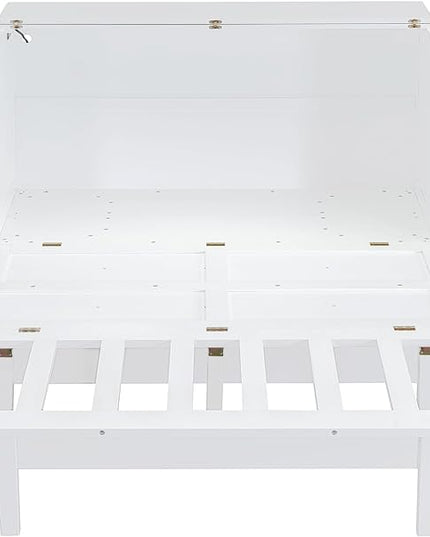 Queen Murphy Bed can be Folded into Low Cabinet with USB Ports, Wooden Platform bedframe with Removable Shelves on Each Side, Space Saving, for Bedroom/Guestroom/Office, White - LeafyLoom