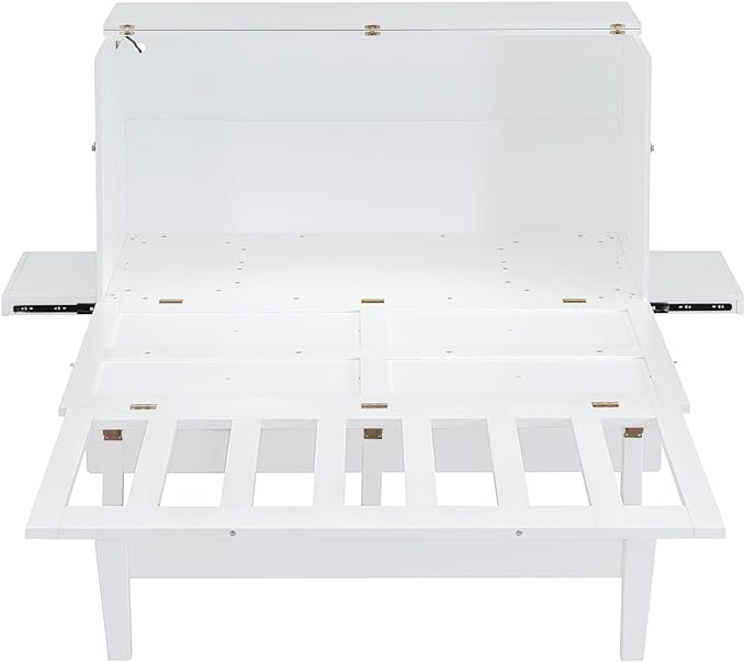 Queen Murphy Bed can be Folded into Low Cabinet with USB Ports, Wooden Platform bedframe with Removable Shelves on Each Side, Space Saving, for Bedroom/Guestroom/Office, White - LeafyLoom