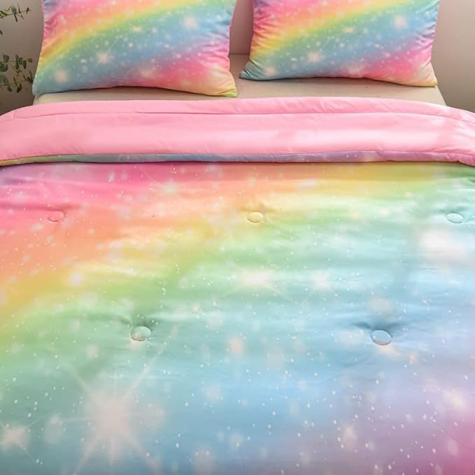 NINENINE Rainbow Bedding Sets,Twin Comforter Set for girls,Twin Bedding Sets for girls,Pink Comforter Glitter Bedding Comforter Set with 1 Comforter 1Pillowcase - LeafyLoom