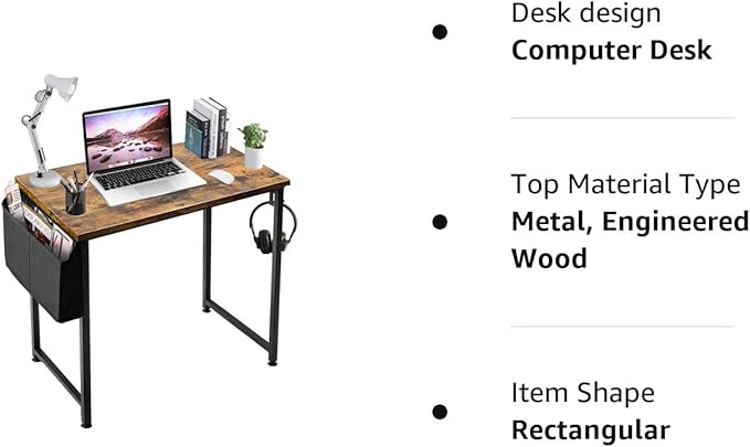 Lufeiya Small Computer Desk Study Table for Small Spaces Home Office 31 Inch Rustic Student Laptop PC Writing Desks with Storage Bag Headphone Hook,Brown - LeafyLoom