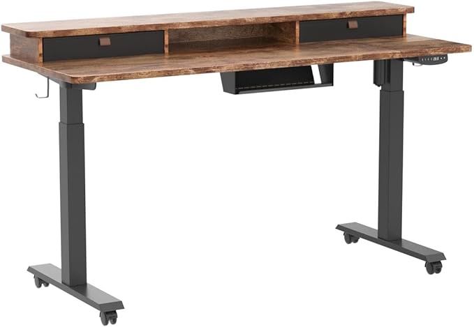 BANTI 60x24 Inch Electric Standing Desk with Double Drawers, Adjustable Height Stand Up Desk, Sit Stand Home Office Desk with Storage Shelf, Rustic Brown Top - LeafyLoom