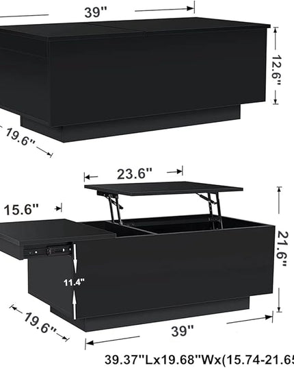 HOMMPA LED Coffee Table for Living Room Lift Top Coffee Tables with Power Outlet Black Morden Center Table with Storage Hidden Compartment High Gloss Lift Tabletop - LeafyLoom