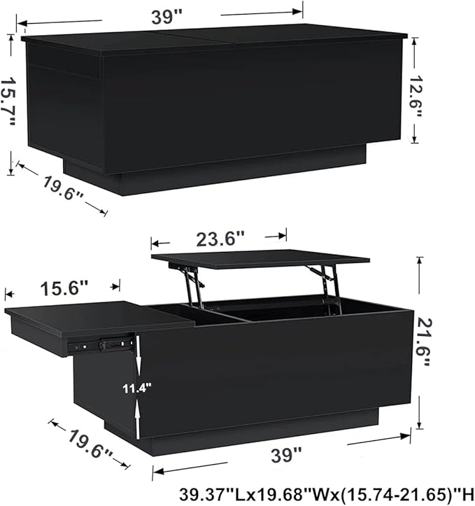 HOMMPA LED Coffee Table for Living Room Lift Top Coffee Tables with Power Outlet Black Morden Center Table with Storage Hidden Compartment High Gloss Lift Tabletop - LeafyLoom