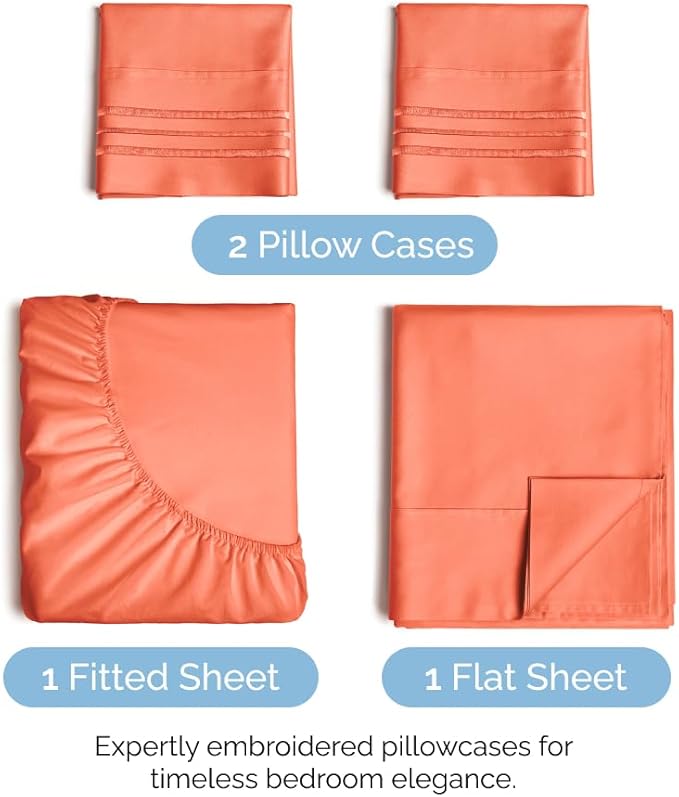 Full Size 4 Piece Sheet Set - Comfy Breathable & Cooling Sheets - Hotel Luxury Bed Sheets for Women & Men - Deep Pockets, Easy-Fit, Extra Soft & Wrinkle Free Sheets - Coral Oeko-Tex Bed Sheet Set - LeafyLoom