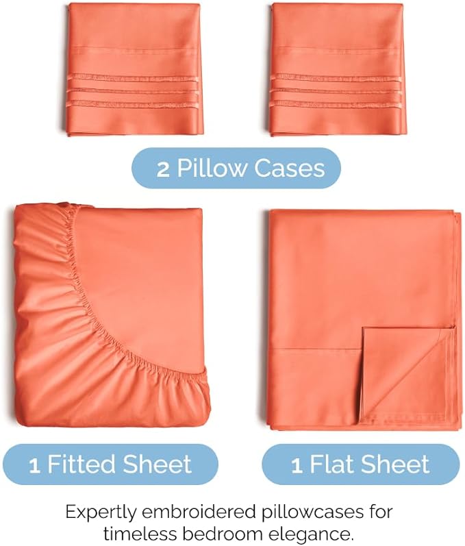 King Size 4 Piece Sheet Set - Comfy Breathable & Cooling Sheets - Hotel Luxury Bed Sheets for Women & Men - Deep Pockets, Easy-Fit, Extra Soft & Wrinkle Free Sheets - Coral Oeko-Tex Bed Sheet Set - LeafyLoom