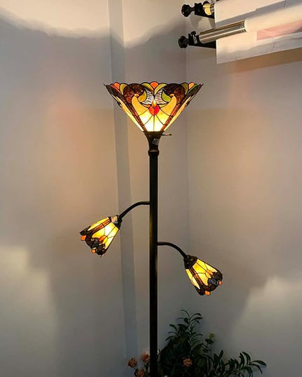 Bieye L10839 Baroque Tiffany Style Stained Glass Torchiere Floor Lamp with Sidelights for Reading, 70-inches Tall (Baroque, Brown) - LeafyLoom