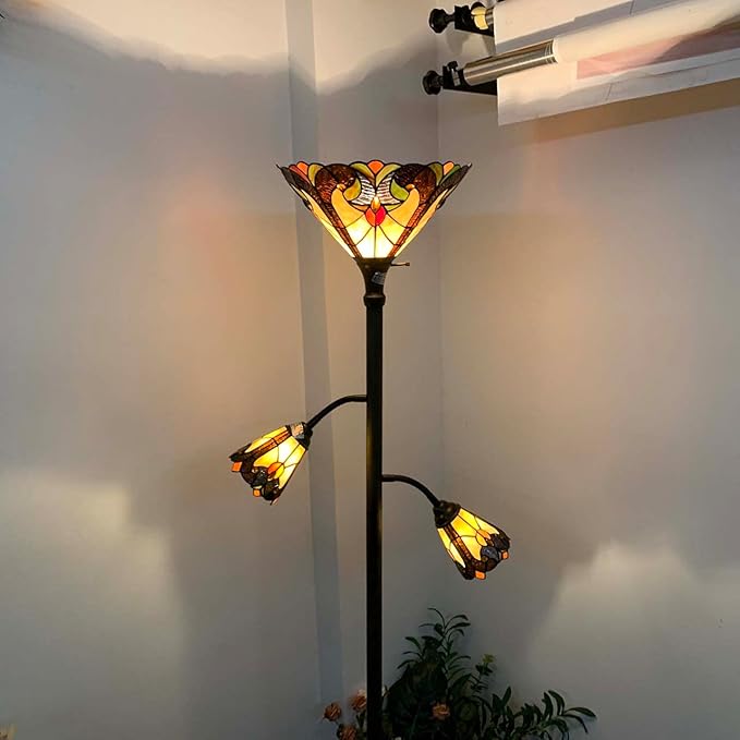 Bieye L10839 Baroque Tiffany Style Stained Glass Torchiere Floor Lamp with Sidelights for Reading, 70-inches Tall (Baroque, Brown) - LeafyLoom