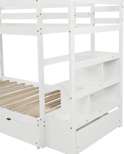 Wooden Bunk Bed Twin Over Twin/King Size with Stairs Storage and Trundle, Extendable Bunkbeds with Two Open Shelves and Drawer, for Kids Teens Adults Bedroom, White - LeafyLoom