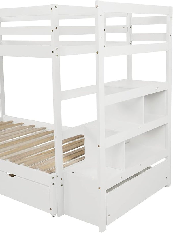 Wooden Bunk Bed Twin Over Twin/King Size with Stairs Storage and Trundle, Extendable Bunkbeds with Two Open Shelves and Drawer, for Kids Teens Adults Bedroom, White - LeafyLoom