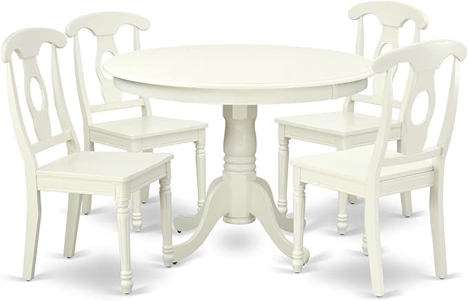 East West Furniture HLKE5-LWH-W 5 Piece Dining Room Table Set Includes a Round Kitchen Table with Pedestal and 4 Dining Chairs, 42x42 Inch, Linen White - LeafyLoom