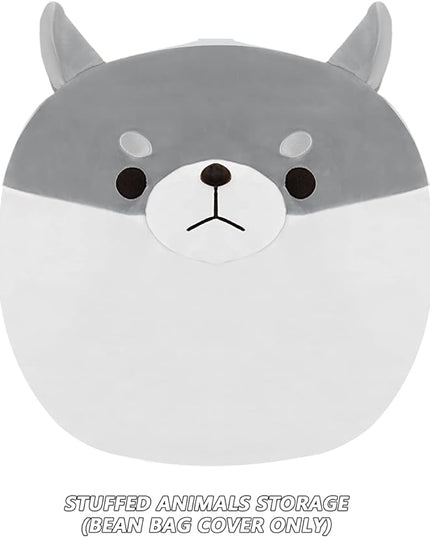 Stuffed Animal Storage Bean Bag Chair Cover for Kids Grey Shiba Inu Dog Bean Bag Chair for Girls X-Large Size Toy Organizer Cover Only Without Filling - LeafyLoom