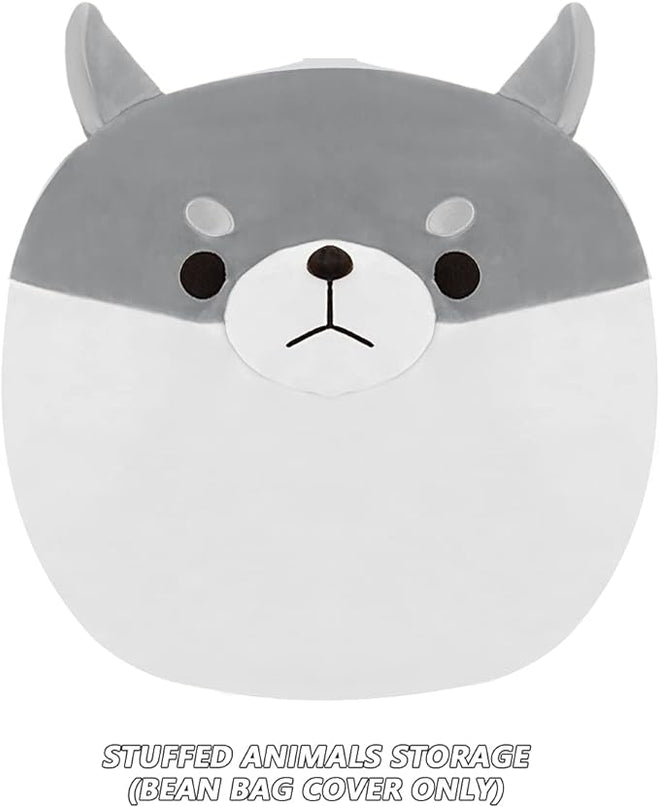 Stuffed Animal Storage Bean Bag Chair Cover for Kids Grey Shiba Inu Dog Bean Bag Chair for Girls XX-Large Size Toy Organizer Cover Only Without Filling - LeafyLoom