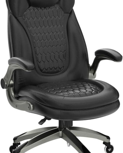 COLAMY Office Chair-Ergonomic Computer Desk Chair with Thick Seat for Comfort, High Back Executive Chair with Padded Flip-up Arms, Stylish Leather Chair with Upgraded Caster for Swivel (Black, 300lbs) - LeafyLoom