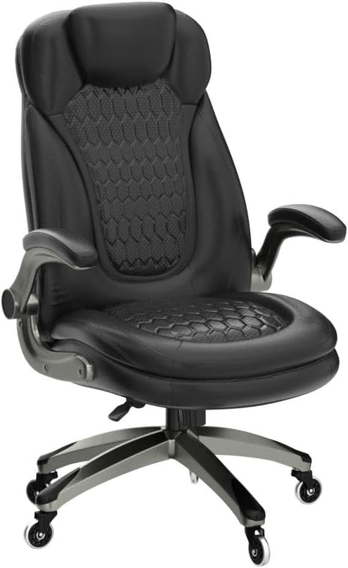 COLAMY Office Chair-Ergonomic Computer Desk Chair with Thick Seat for Comfort, High Back Executive Chair with Padded Flip-up Arms, Stylish Leather Chair with Upgraded Caster for Swivel (Black, 300lbs) - LeafyLoom
