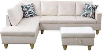 L-Shaped Sectional Couches with 66.5'' Chaise Lounge & Storage Ottoman Modular Room Sofas for Home Office Apartment, Large Living Furniture, 97'' Left Hand Facing, White Flannel - LeafyLoom