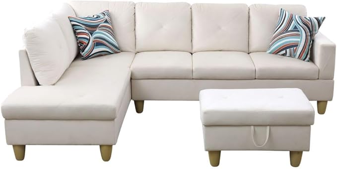 L-Shaped Sectional Couches with 66.5'' Chaise Lounge & Storage Ottoman Modular Room Sofas for Home Office Apartment, Large Living Furniture, 97'' Left Hand Facing, White Flannel - LeafyLoom