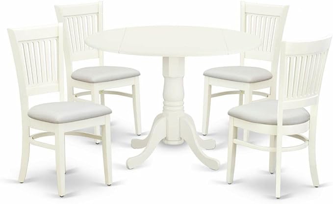 East West Furniture Dublin 5 Piece Set for 4 includes a Round Table with Dropleaf and 4 Linen Fabric Kitchen Dining Chairs, 42x42 Inch, DLVA5-LWH-C - LeafyLoom