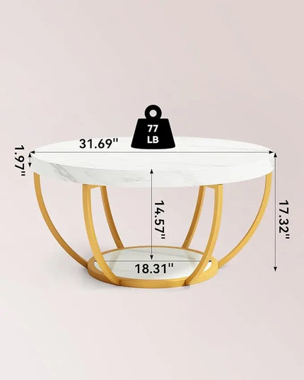 Round Coffee Table, 32" Circle Faux Marble Coffee Tables for Living Room, 2-Tier Golden Metal Legs Accent Center Table with Open Storage Modern Design Home Furniture (White and Gold) - LeafyLoom