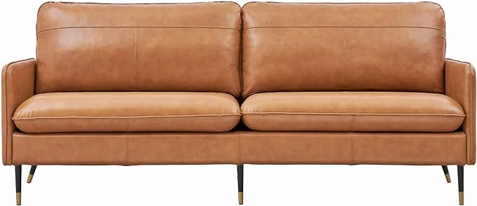 79" Genuine Leather Sofa, Top-Grain 3 Seater Leather Couch, Mid-Century Modern Upholstered Sofa for Living Room Bedroom Apartment Office, Cognac Tan - LeafyLoom