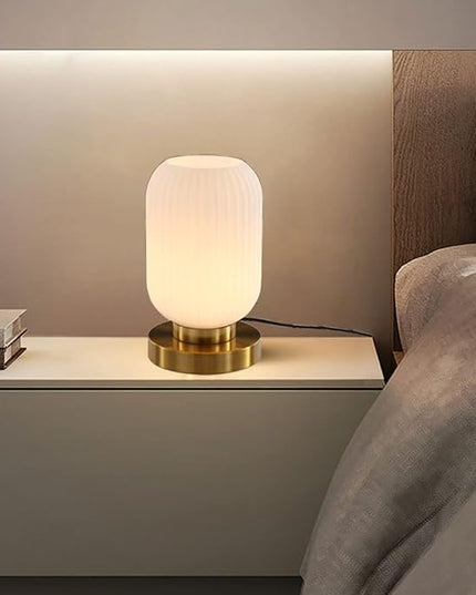 Modern Glass Table Lamp with Ribbed Shade, White, 10.6 x 5.9 inches, E26, for Bedside Bedroom Living Room Office - LeafyLoom