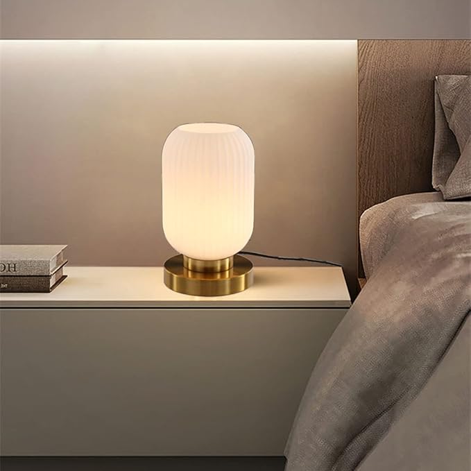 Modern Glass Table Lamp with Ribbed Shade, White, 10.6 x 5.9 inches, E26, for Bedside Bedroom Living Room Office - LeafyLoom