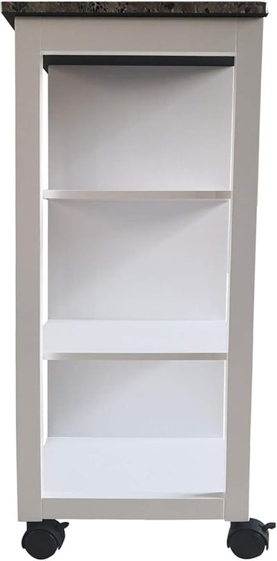 King's Brand White Finish Wood & Marble Vinyl Top Kitchen Storage Cabinet Cart - LeafyLoom