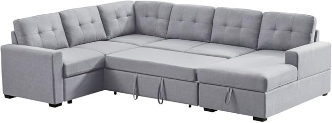 LOVMOR Living Room U Shape Large Sectional Sofa with Pull Out Sleeper Bed, Storage Chaise, Corner Couch with Arms and 2 Cup Holder for Home Furniture, Apartment, Dorm, Light Gray, 90 Inch - LeafyLoom