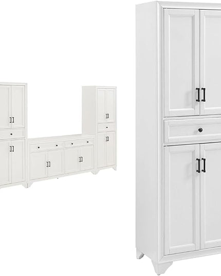 Crosley Tara 3-Piece Sideboard and Pantry Set with 2 Pantries, Distressed White - LeafyLoom