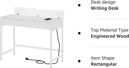 Treocho Computer Desk with USB Charging Ports and Power Outlets, Modern Simple 40 inch White Desk with 2 Drawers, Vanity Desk, Makeup Table for Home Office, Bedroom - LeafyLoom