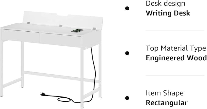 Treocho Computer Desk with USB Charging Ports and Power Outlets, Modern Simple 40 inch White Desk with 2 Drawers, Vanity Desk, Makeup Table for Home Office, Bedroom - LeafyLoom