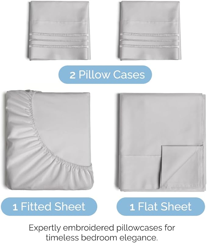 Full Size 4 Piece Sheet Set - Comfy Breathable & Cooling Sheets - Hotel Luxury Bed Sheets for Women & Men - Deep Pockets, Easy-Fit, Soft & Wrinkle Free Sheets - Light Grey Oeko-Tex Bed Sheet Set - LeafyLoom