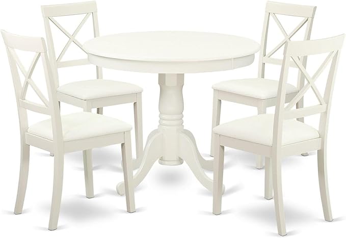 East West Furniture ANBO5-LWH-LC Antique 5 Piece Kitchen Set for 4 Includes a Round Table with Pedestal and 4 Faux Leather Dining Room Chairs, 36x36 Inch - LeafyLoom