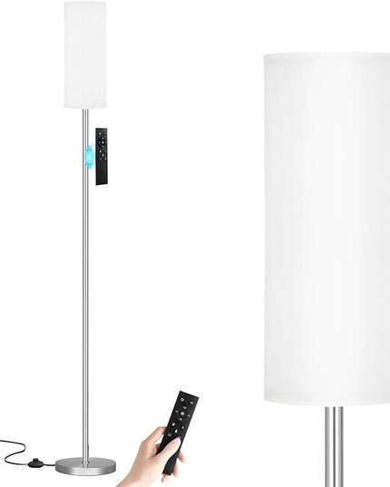 Ambimall 64'' Floor Lamps for Living Room with Remote Control and Stepless Dimmable Colors Temperature & Brightness, 9W Bulb Included(White Lampshade & Silver Pole) - LeafyLoom