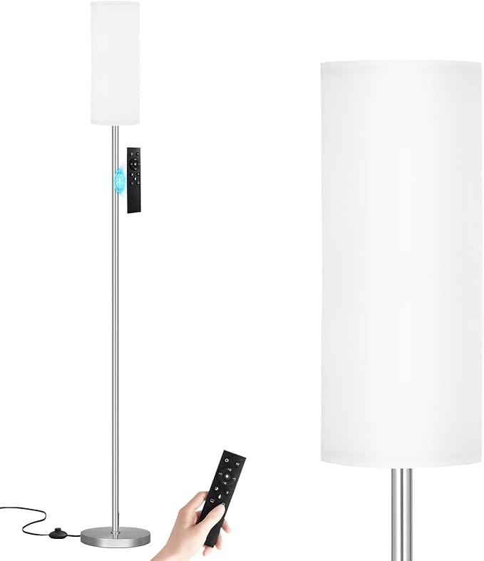Ambimall 64'' Floor Lamps for Living Room with Remote Control and Stepless Dimmable Colors Temperature & Brightness, 9W Bulb Included(White Lampshade & Silver Pole) - LeafyLoom