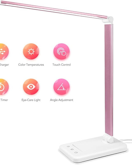 Led Desk Lamp, Desk Lamp with USB Charging Port, 5 Color Modes, 10 Brightness, Natural Light, Eye Caring Reading Lamp, Desk Light for Home Office, Table Lamp, Touch Control, Auto-Timer, Pink - LeafyLoom
