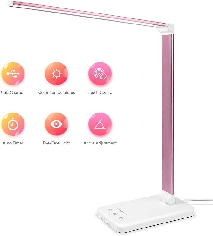 Led Desk Lamp, Desk Lamp with USB Charging Port, 5 Color Modes, 10 Brightness, Natural Light, Eye Caring Reading Lamp, Desk Light for Home Office, Table Lamp, Touch Control, Auto-Timer, Pink - LeafyLoom