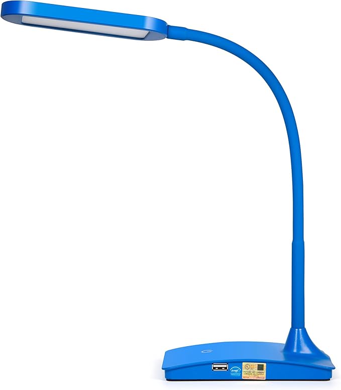 Blue Desk Lamps for Home Office - Super Bright Small Desk Lamp with USB Charging Port, a Perfect LED Desk Light as Study Lamp, Bedside Reading Lights - LeafyLoom