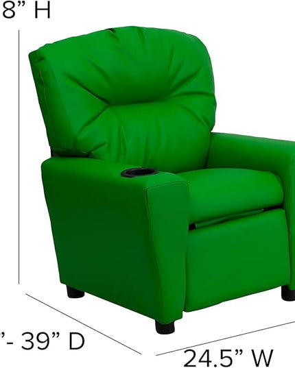 Flash Furniture Chandler Vinyl Kids Recliner with Cup Holder and Safety Recline, Contemporary Reclining Chair for Kids, Supports up to 90 lbs., Green - LeafyLoom