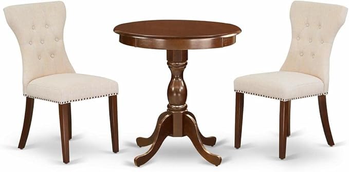 East West Furniture ESGA3-MAH-32 Eden 3 Piece Dining Set for Small Spaces Contains a Round Wooden Table with Pedestal and 2 Light Beige Linen Fabric Parson Chairs, 30x30 Inch, Mahogany - LeafyLoom