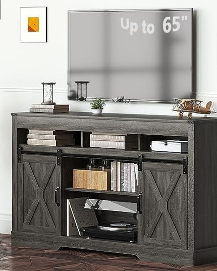 Farmhouse TV Stand with Sliding Barn Door for TVs up to 65+ Inch, 34" Tall Entertainment Center, Wood Media Console Storage Cabinet for Bedroom, Living Room, Dark Grey - LeafyLoom