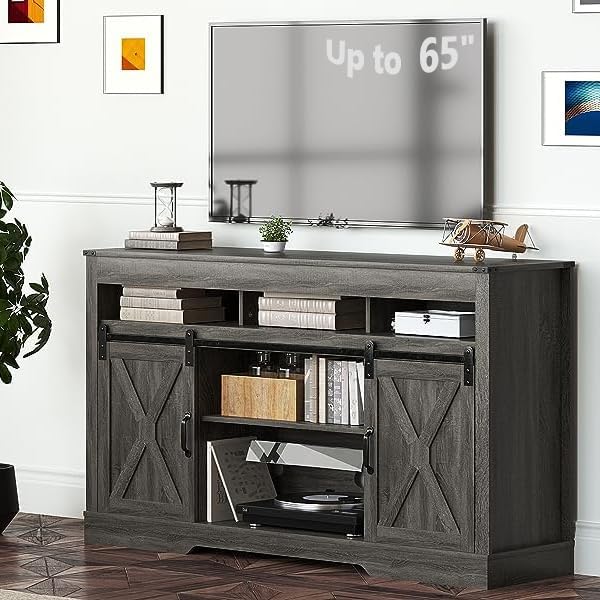 Farmhouse TV Stand with Sliding Barn Door for TVs up to 65+ Inch, 34" Tall Entertainment Center, Wood Media Console Storage Cabinet for Bedroom, Living Room, Dark Grey - LeafyLoom
