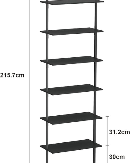 Panana 6 Tier Tall Modern Bookshelf, Industrial Ladder Shelf Open Space Wall Mount Bookshelf with Metal Frame Sturdy Bookcase for Living Room (Black, 6-Tier) - LeafyLoom